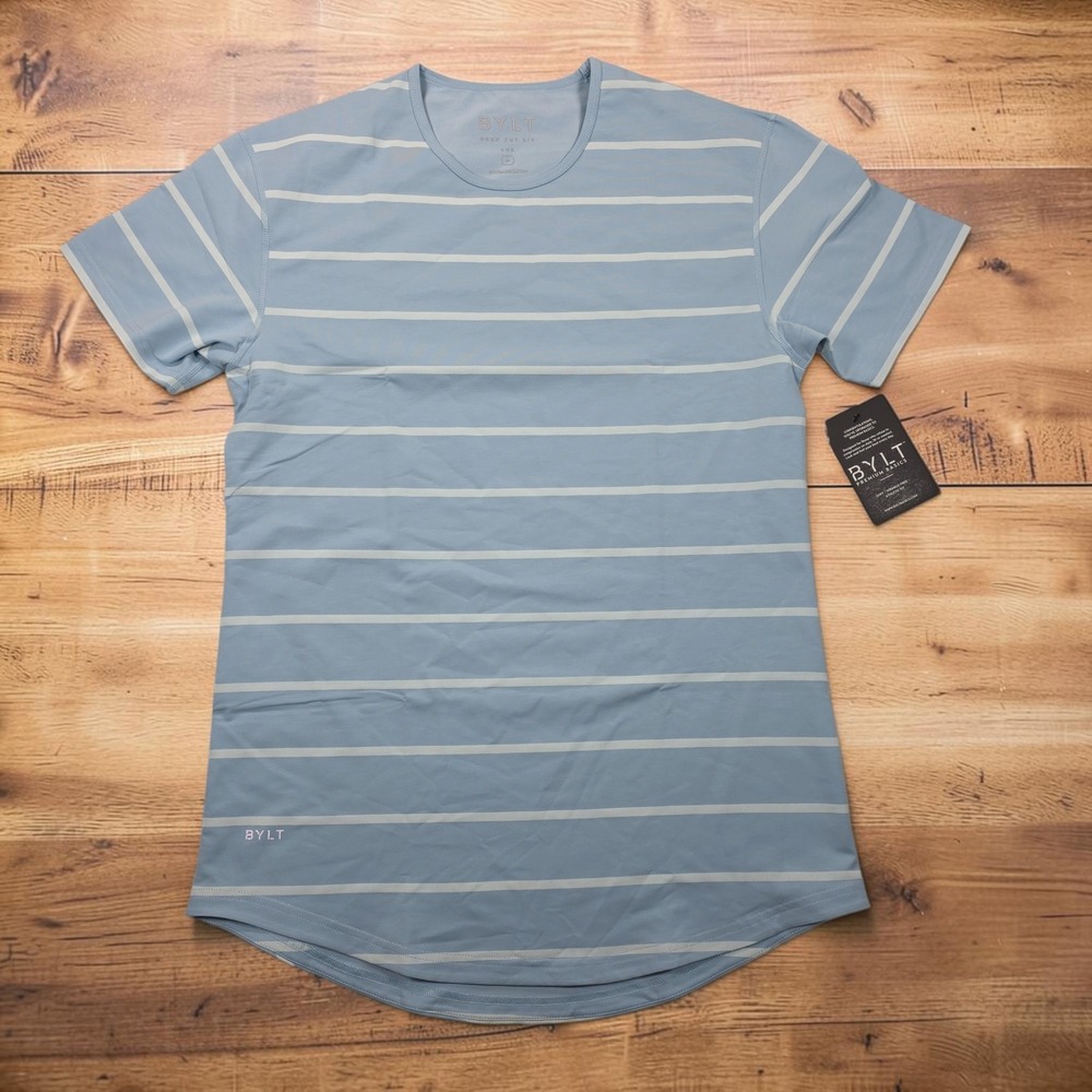 BYLT Premium Basics Drop Cut S/S Lux Striped Shirt Light Blue Mens Medium NEW